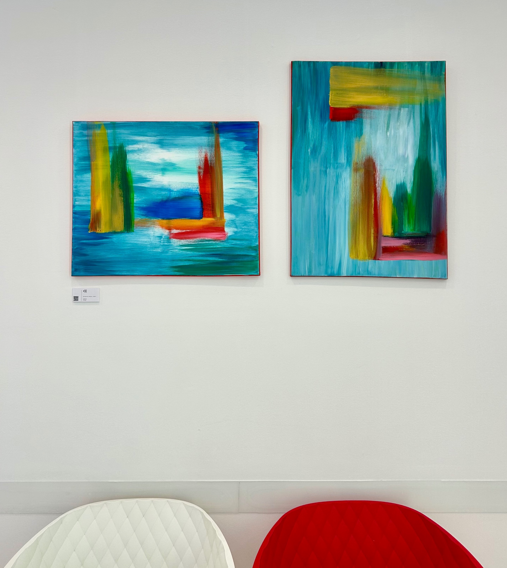 Kovács Erika Judit Változás diptichon, kék és zöld tónusok vertikális gesztusokkal